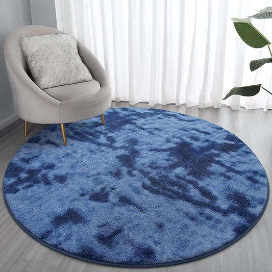 Lascpt Round Rug for Bedroom 7x7, Tie-Dyed Navy Blue Circle Rug for Living Room Super Soft Thicken Memory Foam Circular Rug, Indoor Area Rug for Modern Home Decor, Round Carpet for Nursery Kid's Room