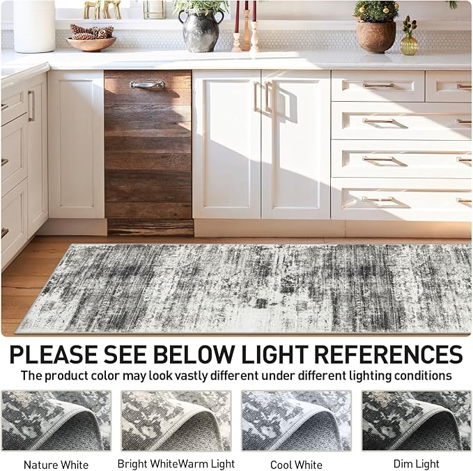2'6''x8' Runner Rugs Washable Rug: Modern Abstract Hallway Runner Rug Indoor Soft Low Pile Thin Carpet Anti-Skid Non-Shedding Carpets for Kitchen, Entryway, Laundry, Bedroom - Black Grey