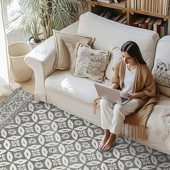 jinchan Runner Rug 2x5 - Hallway Rug Kitchen Washable Runner Rug Faux Wool Geometric Soft Rug Tile Pattern Floral Print Rug Stain Resistant Non-Slip Carpet for Bathroom Bedroom Laundry Room Grey