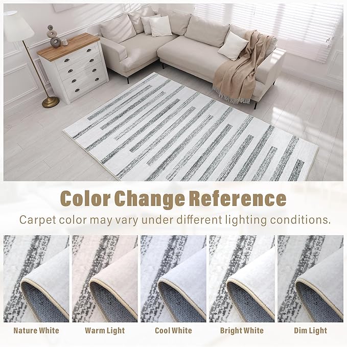 Carvapet Rugs for Living Room Bedroom, Soft Striped Modern Boho Low Pile Large Carpet with Rubber Backing, Foldable, Non Slip Machine Washable (9 x 6 Feet Rectangular, Grey/Green Area Rug)