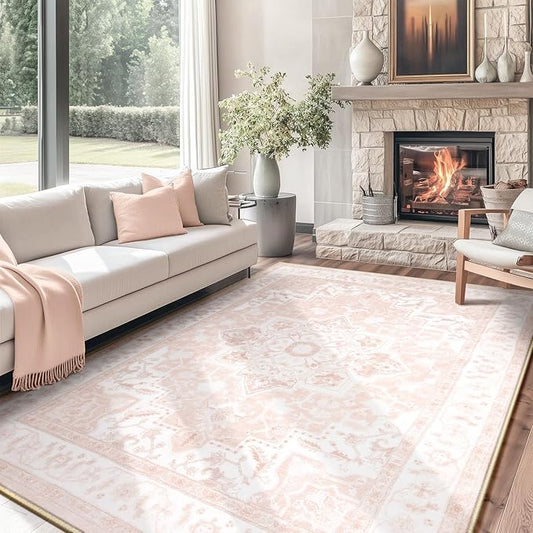 BESTSWEETIE 9x12 Area Rugs for Living Room, Washable Ultra Soft Boho Vintage Print Pattern Rug Non Slip Low Pile Carpet for Dining Room Bedroom Entryway Indoor-Light Pink