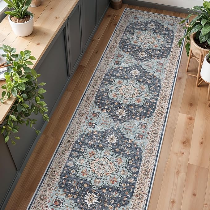Washable Oriental Hallway Runner Rug - 3x12 Rugs for Living Room Soft Carpet for Bedroom Kitchen Waterproof Floral Distressed Indoor Stain Resistant Non-Shedding Floor Carpets (Blue/Teal/Orange, 3X12)