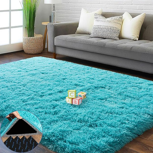 4x6 Area Rug for Bedroom, Soft Rugs for Living Room Nursery Kids Room Dorm Home Decor Aesthetic, Fluffy Shaggy Rug with 4 Anti-Slip Carpet Tapes, Teal Blue