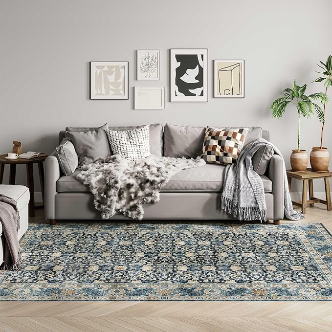 Dripex 6x9 Area Rugs, Machine Washable Non Slip Distressed Boho Rugs, Area Rug for Living Room, No Pile Lightweight Vintage Rug, Soft Accent Carpet for Dining Room,Bedroom,Navy Blue