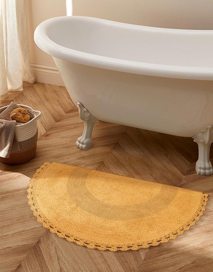 Half Circle Bohemian Bathroom Rug with Handwoven Chrochet Border, Beautifully Handcrafted 100% Cotton Mat - 22x42", Round Boho Bedroom Rug, Boho Bathroom Décor, Machine Washable - Honey Mustard