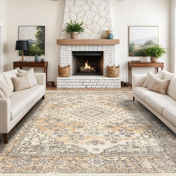 10x14 Large Area Rug - Vintage Washable Rug for Living Room with Non-Slip Low-Pile Traditional Medallion Border Rugs with Stain Resistant Foldable Retro Indoor Thin Rug