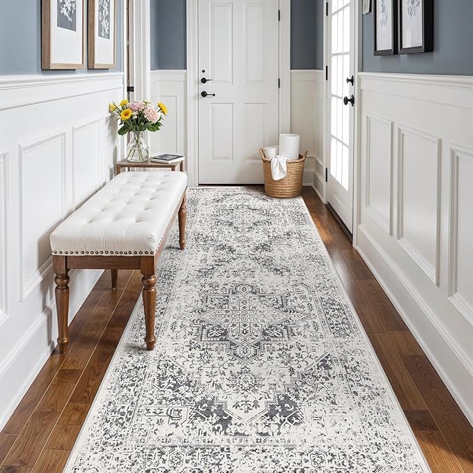 3x12 Hallway Washable Runner Rug: Machine Washable Kitchen Laundry Runner Vintage Non Slip Low-Pile Entryway Living Room Floor Mat Stain Resistance Indoor Floor Carpet for Entrance Living Room，Bridge