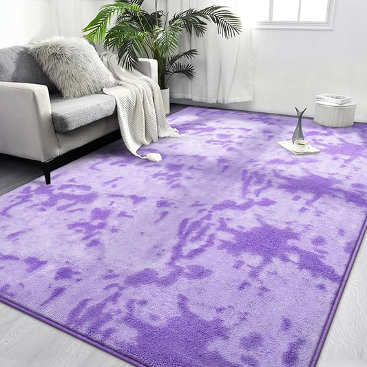 FlyDOIT Large Area Rugs for Living Room Bedroom, 7x10 Ft Tie-Dyed Purple Ultra Soft Comfy Thickened Memory-Foam Indoor Carpets, Cozy Modern Floor Rug for Boys Girls Playroom Dorm Nursery Home Décor