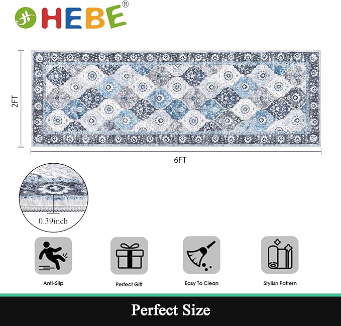 HEBE Hallway Runner Rug 2'x6' Washable Vintage Distressed Area Rugs Non Slip Laundry Rug Runner Boho Floor Carpet Runners for Hallways Entryway Laundry Room Kitchen Bathroom