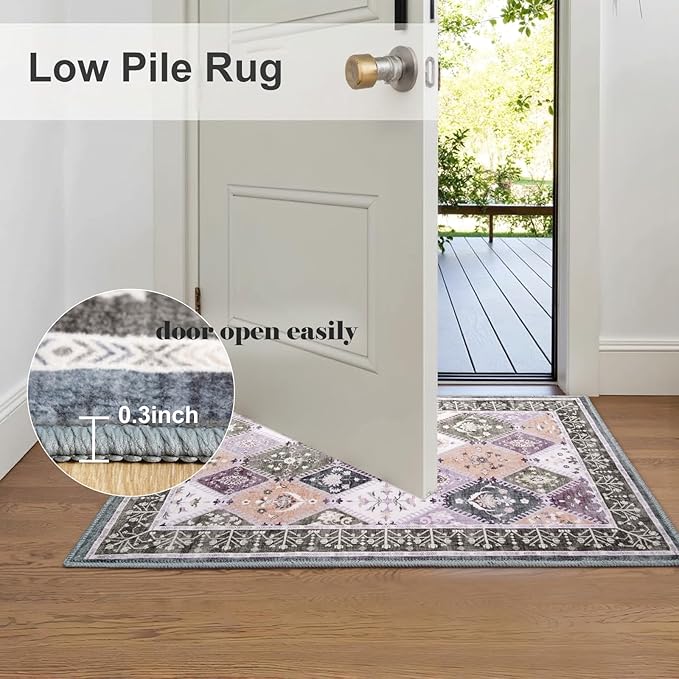2x3 Small Washable Area Rug for Entryway, Boho Non-Slip Indoor Kitchen Rugs, Moroccan Floral Trellis Carpet Soft Low Pile Vintage Throw Mat for Bedroom Bathroom Front Door, Teal/Grey