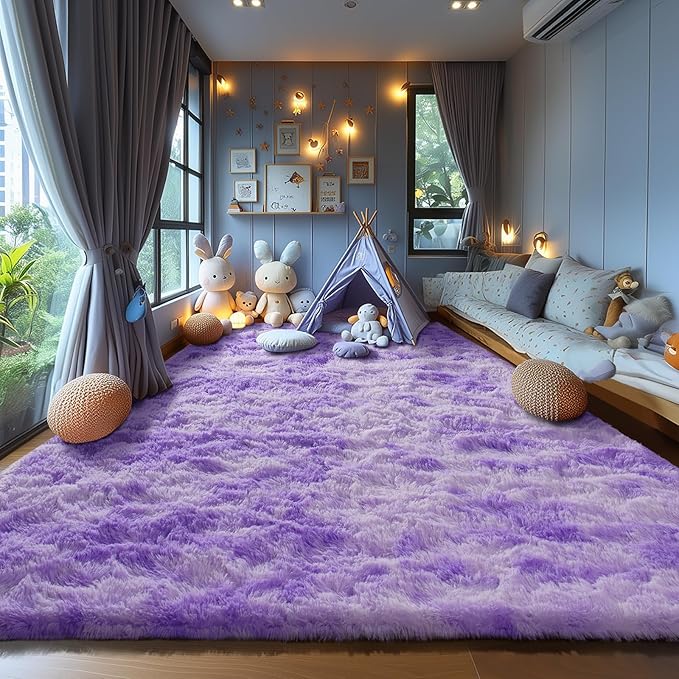 Zentavio Large Area Rugs for Living Room Purple Rugs for Girls Room 8x10 Carpet for Bedroom Washable Soft Fluffy Shag Aesthetic Plush High Pile Throw Rug for Nursery Kids Room Dorm Room Tie-Dyed