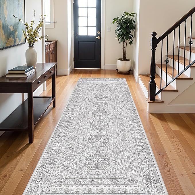 3x10 Runner Rug Kitchen Washable: Oriental Indoor Hallway Runners with Non Slip Backing Floor Mat for Entryway Door Low Pile Thin Carpet for Bedroom Bathroom Living Room Bedside Grey