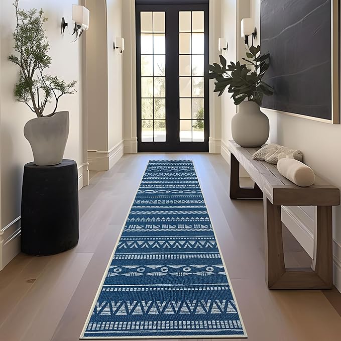 Runners for Hallways Kitchen Runner Rug Non Slip 2x10 Long Washable Runner Rugs Tear and Stain Resistance, Hand Woven Style, No Pile, Thin Rug for Hallways, Kitchen, Bedroom, Bathroom- Blue