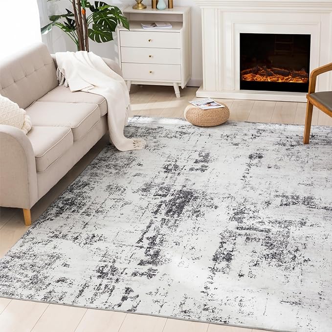 Carvapet Rugs for Living Room, Modern Abstract Low Pile Large Carpet with Rubber Backing, Foldable, Non Slip Machine Washable (9 x 6 Feet Rectangular, Grey Area Rug)