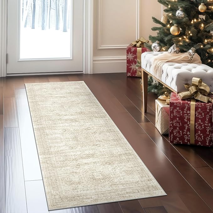 Runner Rug 2'x6' Washable Non-Slip Runner Rugs for Kitchen Bathroom Laundry Room Beige Vintage Floor Carpet Runners for Hallway Entryway