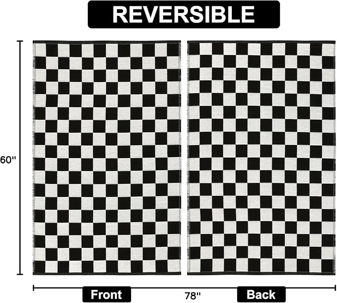 Seavish Checkered Rug, 5x6.5 Ft Black and White Outdoor Rug Moroccan Checkerboard Mat Washable Runner Rug Cotton Woven for Hallway Front Door Bedroom Entryway Kitchen Floor Reversible Area Rugs
