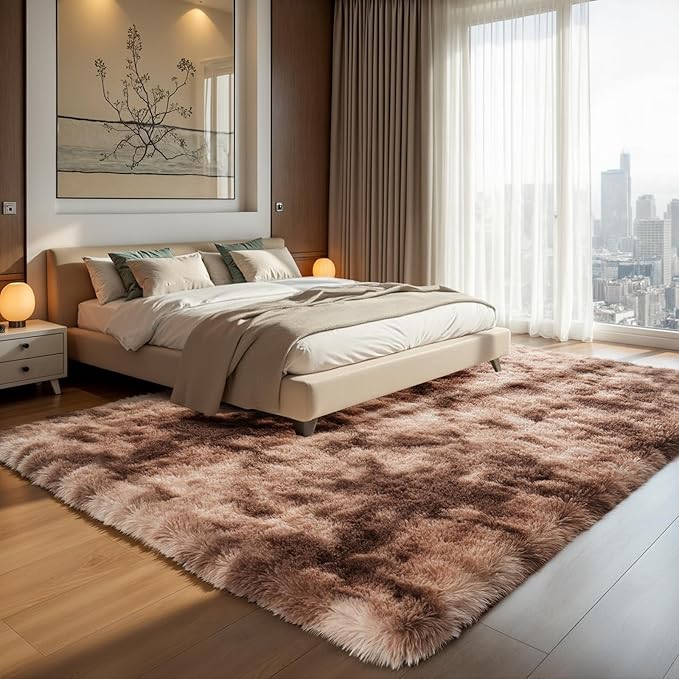 Zentavio Area Rugs for Living Room Large Rugs for Bedroom 8x10 Soft Carpet Fluffy Furry Shag Aesthetic Plush High Pile Gray Throw Rug for Nursery Kids Room Dorm Tie-Dyed Coffee