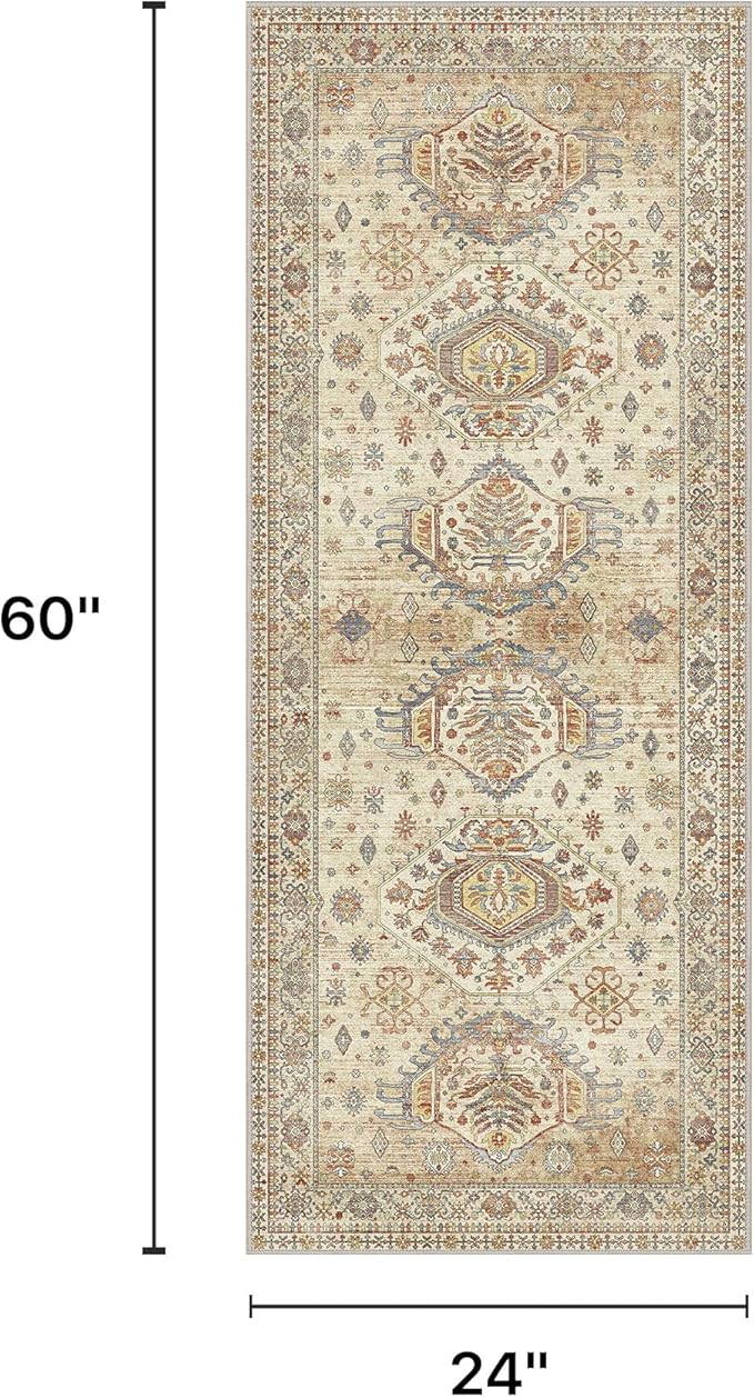 2x5 Runner Rug Non Slip, Machine Washable Rug Runners for Hallways, Vintage Distressed Print Kitchen Runner, Low Pile Lightweight Carpet Runner for Entryway, Laundry, Bedroom, Bathroom Light Brown