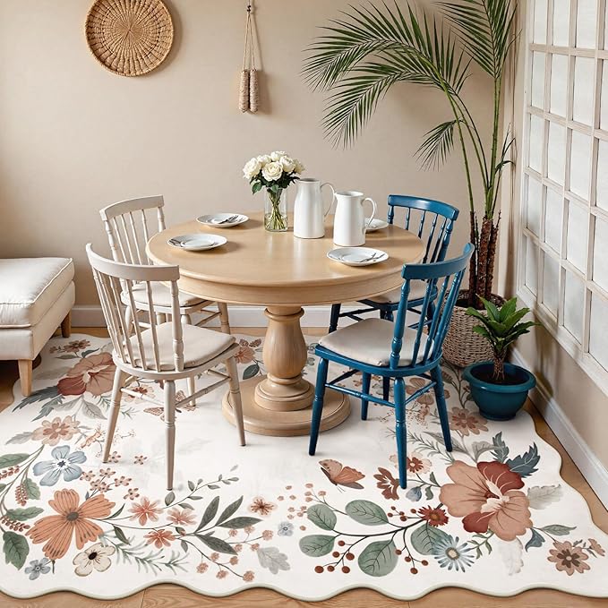 Beeiva 6x9 Area Rugs for Living Room, Washable Floral Playroom Rug, Thin Low Pile Stain Resistance Large Carpet for Bedroom, Dining Room or Nursery - Beige