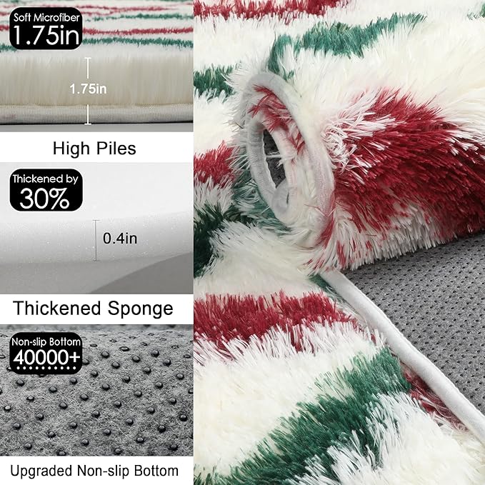 RUGTUDER Ultra Soft 5x8 Rugs Fluffy for Living Room, Washable Fuzzy Furry Rug for Bedroom, Non Slip Shaggy Striped Chevron Carpets for Girls Boys Room Teens Dorm Playroom Office, Cream Red Green