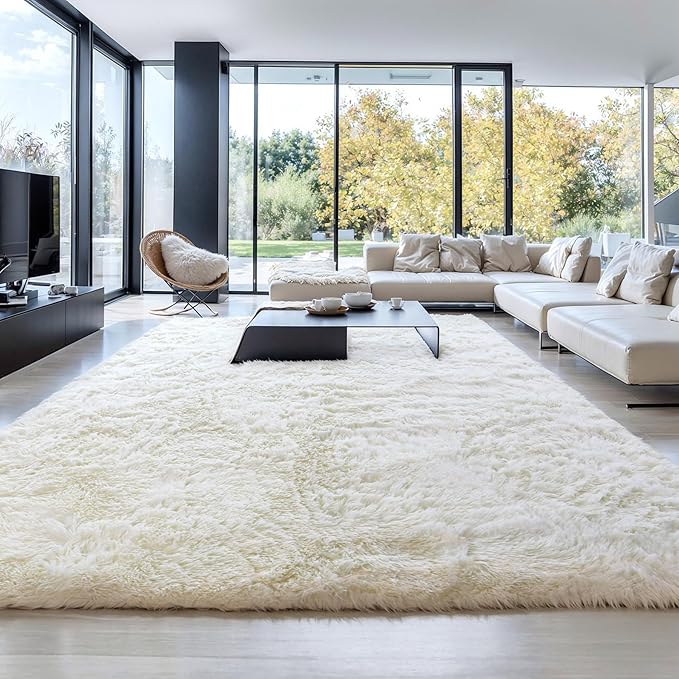 Thick Area Rug 6x9 Cream White Fluffy Shag for Bedroom Living Room, Soft Plush Washable Thickened Non-Slip Fuzzy Furry Carpet, Modern Shaggy Large Rugs for Kids Nursery Boys Girls Dorm, Ivory