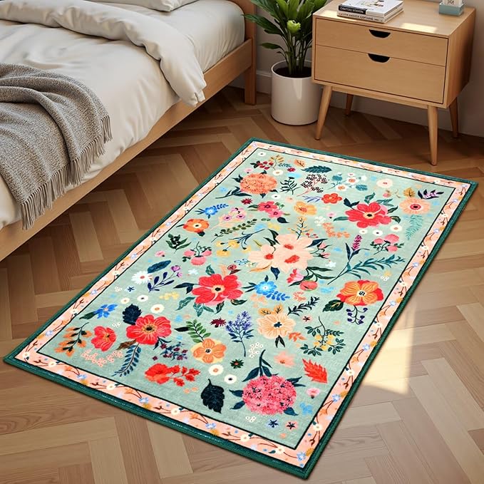 2x3 Small Floral Rug for Entryway, Flowers Printed Washable Rugs with Non Slip Backing for Girls Bedroom Kitchen, Cute Throw Carpet Front Door Entry Decor, Light Green