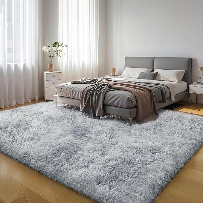 Thick Area Rug Light Grey Shag Fluffy 5x8 for Bedroom Living Room Soft Plush Washable Fuzzy Carpet for Kids Baby Nursery Non Slip Cozy Furry Shaggy Rugs for Dorm Tie-Dye Gray