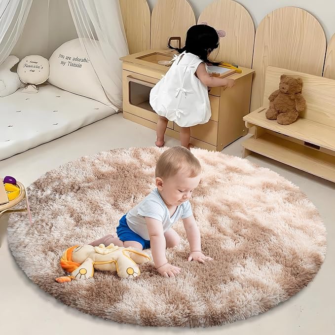 Tie-dye Beige Fluffy Round Rug,Soft Area Rugs for Girls Room,Shaggy Rugs 4'X4' for Living Room,Non Slip Circle Rug for Kids Bedroom,Shag Plush Nursery Carpets,Fuzzy Rug for Dorm,Room Decor Carpet