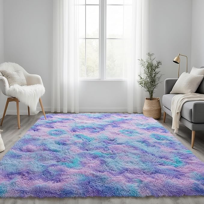 Purple Rainbow Fluffy Rug for Bedroom 4x5.9 ft - Ultra Soft & Non Slip Shaggy Area Rug, Comfy Durable Carpet for Living Room Kids Room Teens Dorm Home Decor, 1.7'' Thick Indoor Plush Carpets