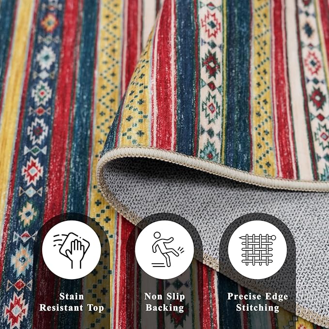 10x14 Washable Area Rug - Living Room Bedroom Non - Slip Rubber Backing Low Pile Ultra - Thin Stain Resistant Indoor Carpet with Soft Southwest Aztec Striped Design (10x14 Multi)