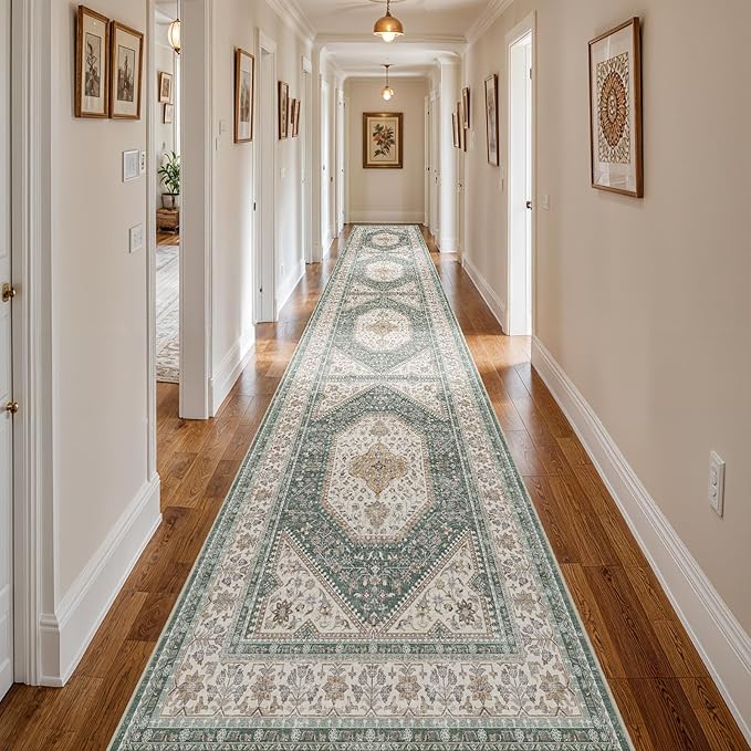 3x20 Runner Rug for Hallway Washable: Non Slip Kitchen Rugs with Rubber Backing Soft Waterproof Mats Stain Resistant Indoor Vintage Carpet Runner for Bedroom Bathroom Laundry Entryway Green/Beige
