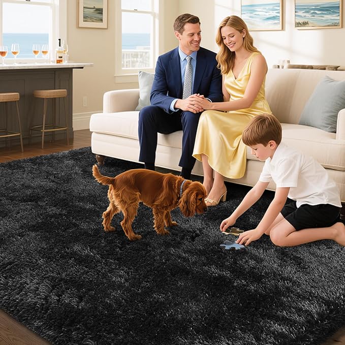 Fluffy Rug Shaggy Area Rug, Black 10x14 Area Rugs for Bedroom, Super Soft Shaggy Rugs for Living Room Bedroom Kids Room Home Decor, Upgrade Anti-Skid Rectangular Fuzzy Rug