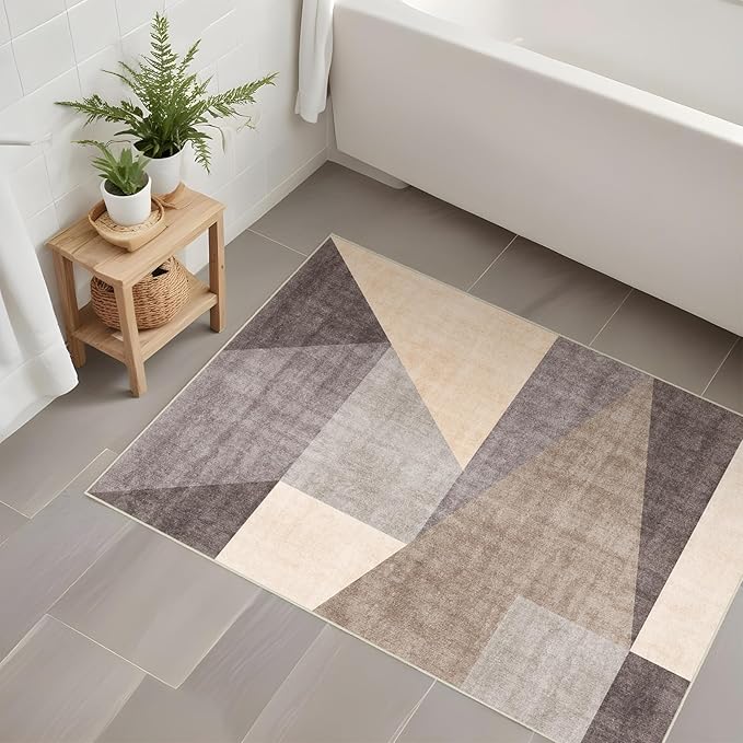 Washable Modern Area Rug: 2x3 Geometric Area Rugs for Entryway Small mat for Kitchen with Non-Slip Backing Indoor Bedroom Door Mat Brown Grey 2'x3'.