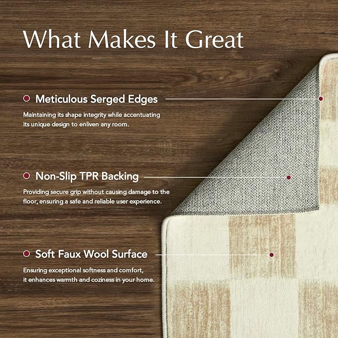 EVERGRACE Checkered Plaid Area Rug 2x3, Soft Fuzzy Faux Wool Rugs Washable Anti Slip Rugs Small Rug Carpet for Entryway Bedroom Living Room Hallway Kitchen Dining Room and Laundry Room, Beige