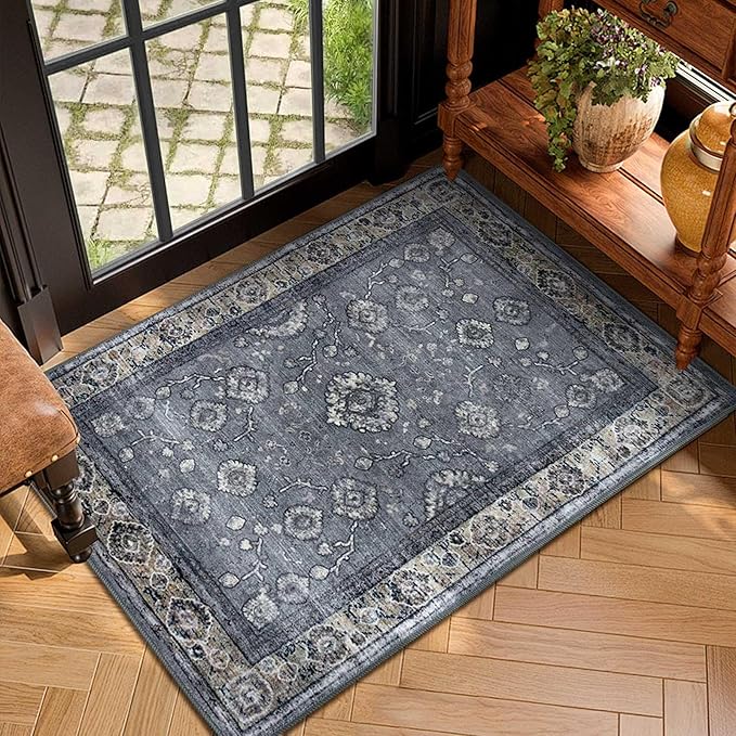 2x3 Oriental Entryway Rug,Washable Non-Slip Small Rugs for Entryway, Ultra-Thin Design for Front Door, Bathroom, Kitchen,Lightgrey Door Mat