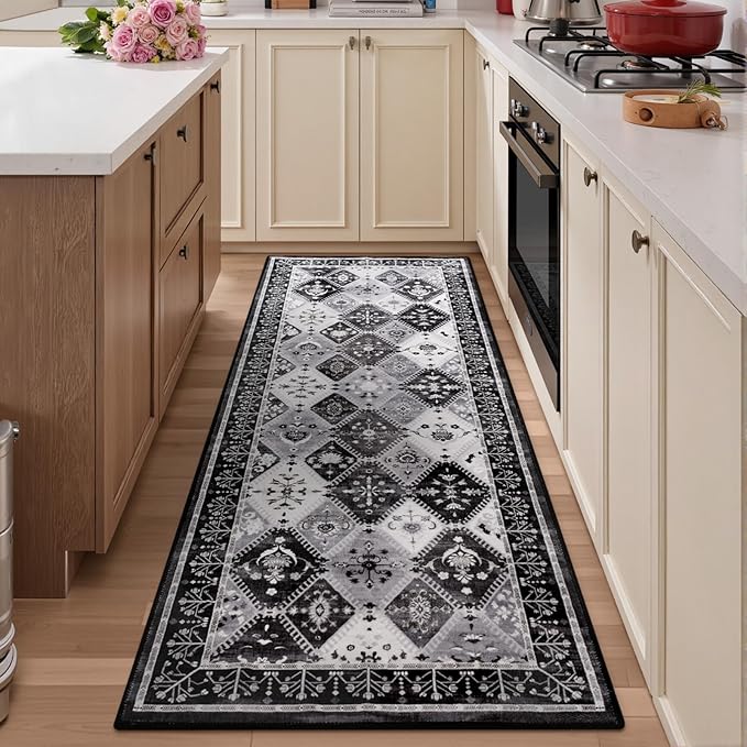 Black/Grey Washable Kitchen Runner Rug, 2x6 Boho Non-Slip Bedroom Rugs, Moroccan Floral Trellis Hallway Carpet Soft Low Pile Vintage Indoor Mat for Entryway Bedside Bathroom