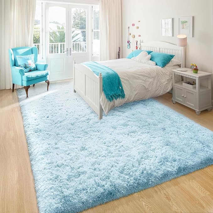 YJ.GWL Area Rugs for Living Room Bedroom, 8x10 Machine Washable Large Light Blue Carpet, Soft Fluffy Shaggy Thick Big Shag Indoor Floor Rug for Kids Boy and Girls Room Dorm Home Decor Aesthetic