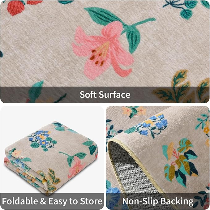 2x3 Floral Rug Soft Non-Slip Machine Washable Small Throw Rug for Entryway Kitchen Bedroom Entrance Indoor Door Mat, Beige Flower Accent Carpet for Girls Room
