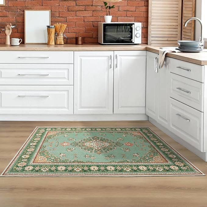 Tepook Small Rug for Entryway, Front Door Mat Indoor Entrance Rugs, Non-Slip Kitchen Carpet Vintage 2x3 Washable Rug, Low-Pile Throw Rugs for Entryway Bedroom Bathroom Foyer Cabinets, Green