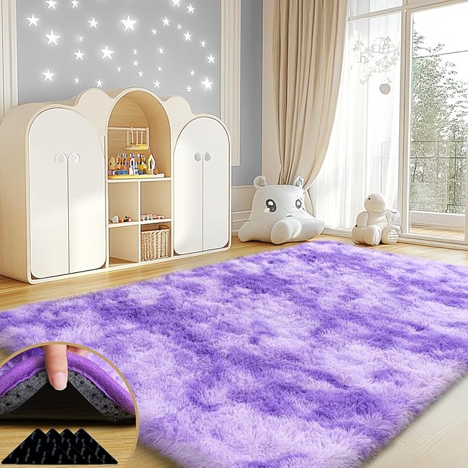 4x6 Rugs for Living Room, Large Fluffy Area Rugs for Bedroom, Soft Carpet Shag Kids Rug with 4 Non-Slip Rug Pads (Purple TieDyed, 4ft x 6ft)