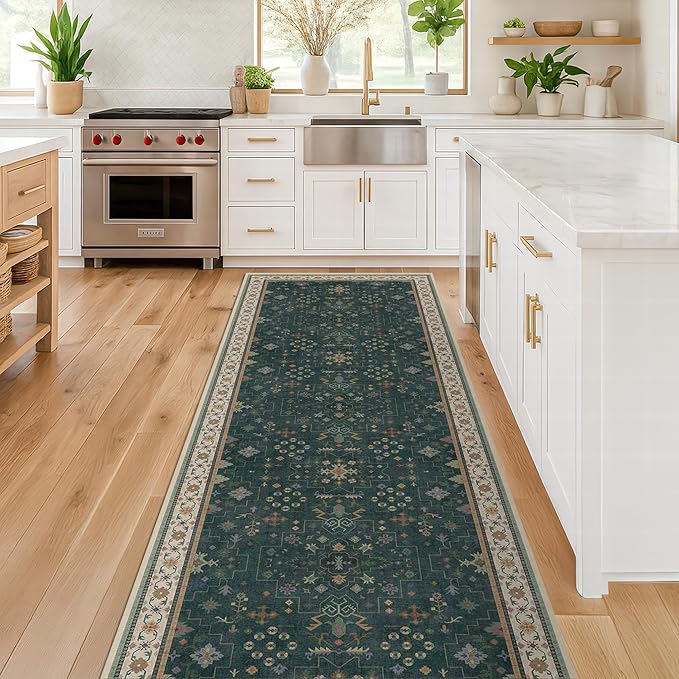 Vintage Dark Green 2x10 Kitchen Rug - Modern Boho Eclectic Floral Pastel, Washable Low Pile Non-Slip Extra Long Runner Rugs for Hallway, Bedroom