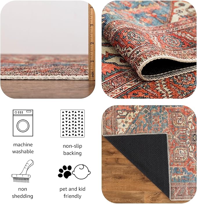 Keen Home Design Machine Washable Area Rugs with Non-Slip Backing, Ideal for Hallway, Living Room, Bedroom, Kitchen and Laundry Room, Vintage Moroccan and Low Pile Rug - (2'6'' x 10'), 204500