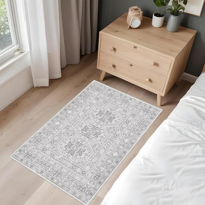 Washable Area Rug Non Slip - 2x3 Small Kitchen Boho Rug Vintage Entryway Low Pile Carpet for Doormat Grey