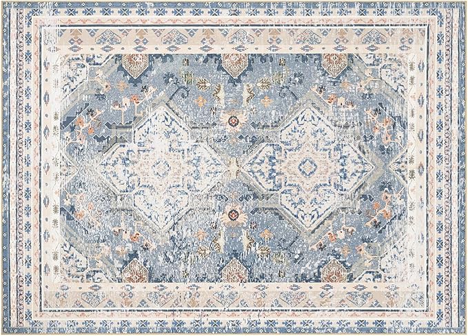 Phantoscope Vintage Collection Area Rug 5'x7' for Living Room - Washable Rug Large Boho Carpet Non-Slip for Bedroom Dining Room, Indoor Low-Pile Neutral Distressed Accent Rug, Dusty Blue/Multi
