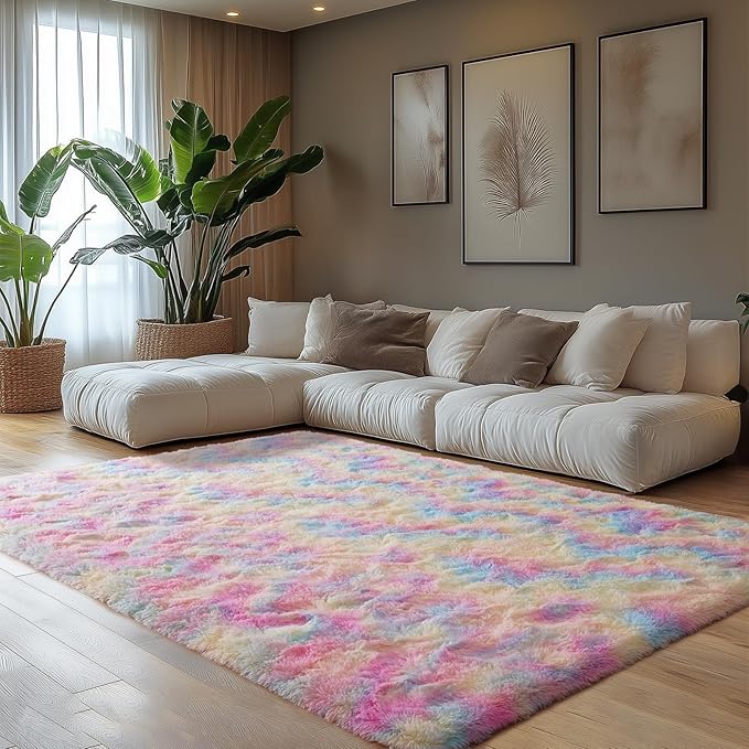 Zentavio Unicorn Rugs for Girls Room 5x8 Area Rugs for Living Room Carpet for Bedroom Washable Soft Fluffy Shag Aesthetic Plush High Pile Throw Rug for Nursery Kids Room Dorm Room Rainbow