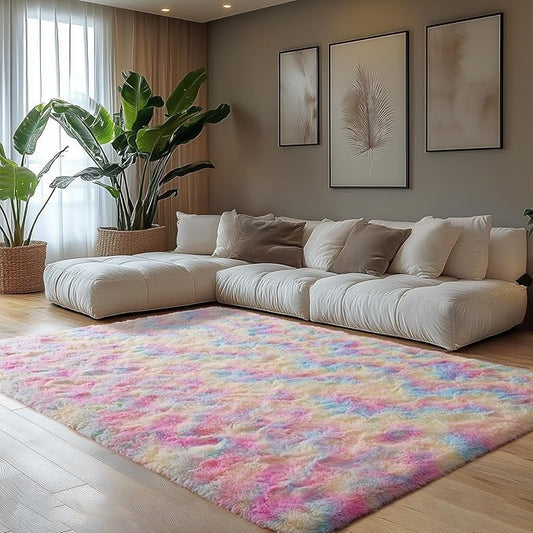 Zentavio Unicorn Rugs for Girls Room 5x8 Area Rugs for Living Room Carpet for Bedroom Washable Soft Fluffy Shag Aesthetic Plush High Pile Throw Rug for Nursery Kids Room Dorm Room Rainbow