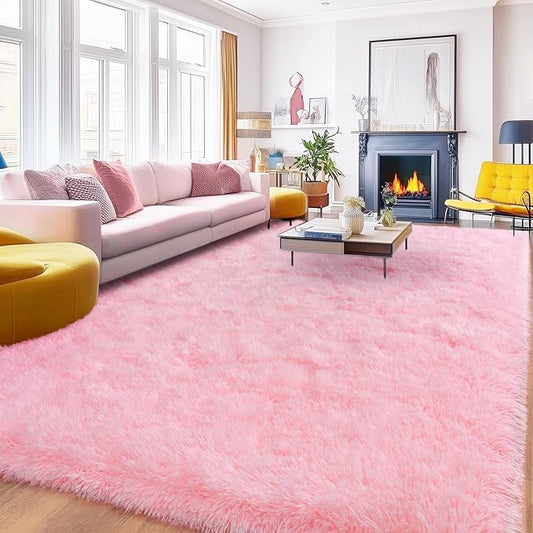 Pink Area Rugs 9x12 for Living Room, Large Shag Plush Rug Bedroom Carpet, Non-Slip Modern Fluffy Indoor Floor Rug for Kids Girls Room Dorm Nursery Home Decor Aesthetic