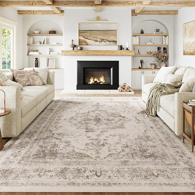 Washable Rug 8x10 Area Rug for Living Room Taupe Vintage Boho Medallion Large Distressed Retro Carpet Non Slip Indoor Low Pile Small Soft Bedroom Dining Room Home Office