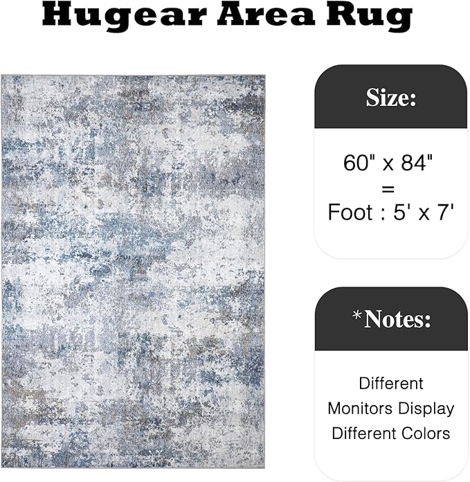 5x7 Washable Rugs Grey Blue Hallway Area Rug Indoor Accent Rug Abstract Non Slip Low Pile Carpet Distressed Throw Aesthetic Rug for Bedroom Living Room Office Dining Room Kitchen Laundry Room