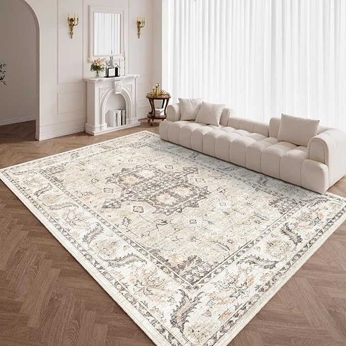 Area Rug 8x10 for Living Room, Vintage Design Home Decor, Floor Decoration Carpet Mat, Area Rugs for Living Room,Beige Washable Rug (Beige Cream, 8x10)